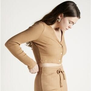 Revolve LESET Ali Crop V Ribbed Knit Cardigan Size L Camel Dune NWT NEW